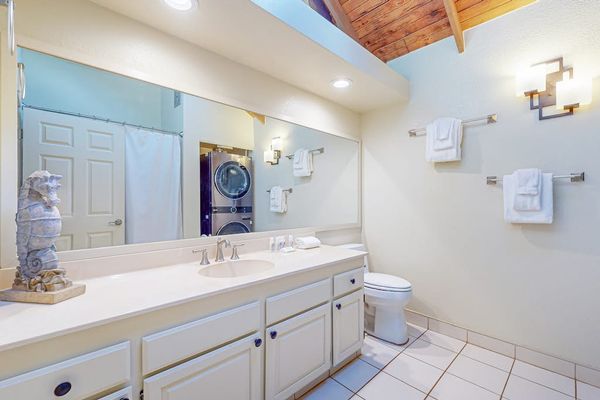 Functional bathroom provides everything needed for convenient daily routines and peaceful stays together