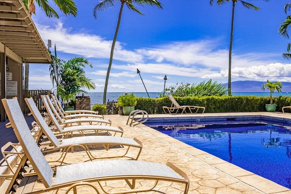 Pool deck features loungers, tropical palms, and expansive ocean horizon