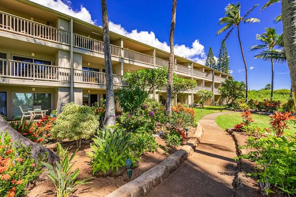 Tropical resort walkway leads through landscaped gardens beside guest accommodations
