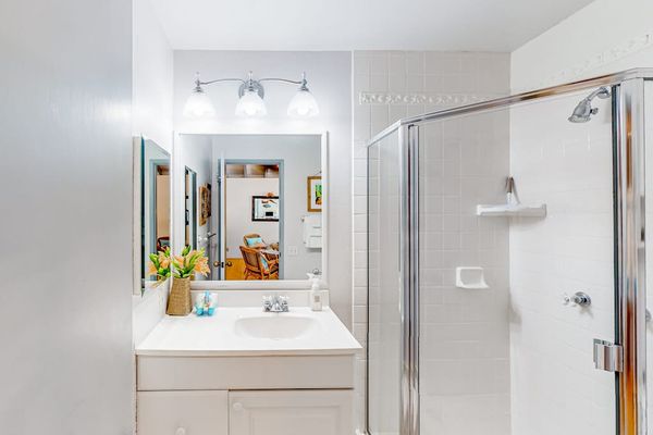 Bathroom includes glass shower, vanity, mirror, towels, and decorative accents