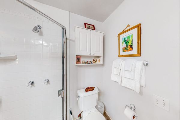 Second bathroom features glass shower, toilet, towels, artwork, and shelving