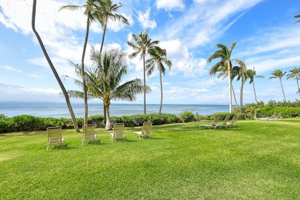 Lush grassy lawns surrounded by beautiful tropical trees create a peaceful island setting.