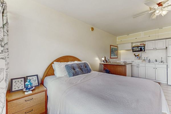 Sleeping area shows queen bed, nightstand, artwork, and access