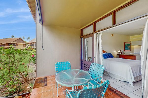 Covered patio includes turquoise chairs, table, sliding doors, and gardens