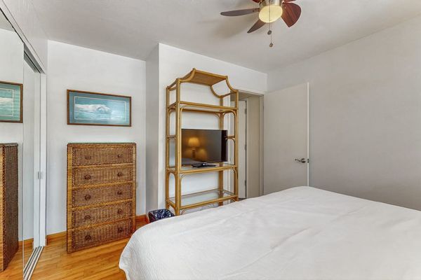 First bedroom shows bed, dresser, ceiling fan, shelving, and artwork