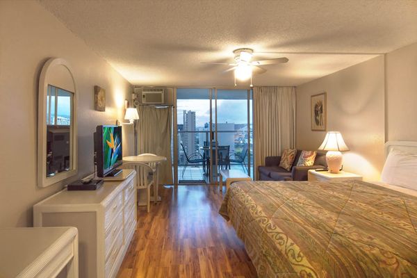 Relax in this comfortable studio while enjoying beautiful city views from your stay.