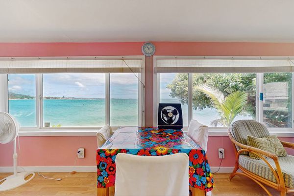 Dining area with ceiling fans and beautiful ocean views