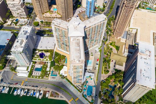 Aerial view showcases the unit within Hawaii's beautiful tropical surroundings from above