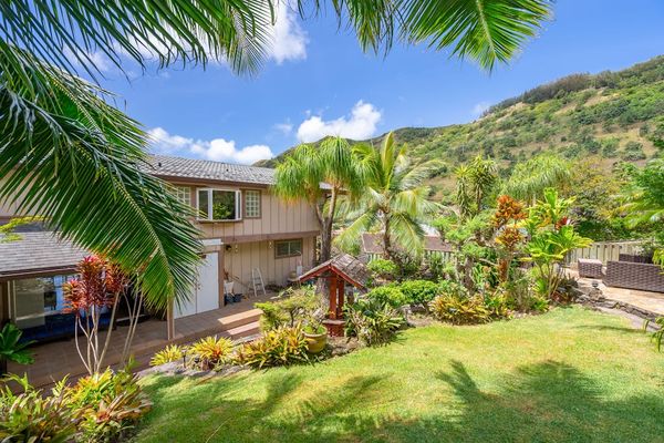 Backyard garden with lush plants and pathways