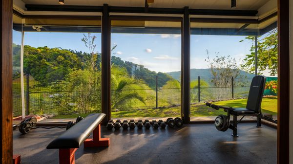 In-home exercise-fitness room.