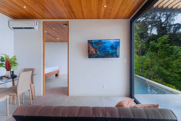 Bright interior space with modern décor and easy access to the bedroom.