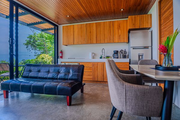 A cozy open-plan living area with kitchen access and warm tropical design details.