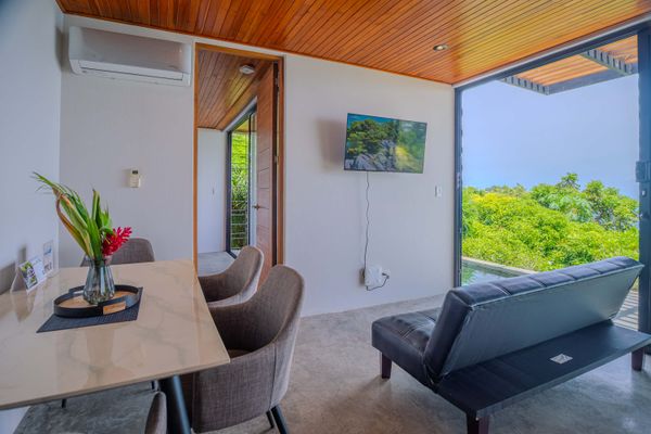 Bright living and dining area with TV, terrace access, and tropical views.