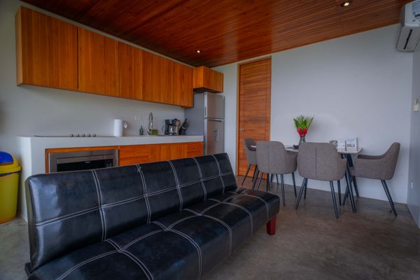 A bright open-plan living area with a fully equipped kitchen and relaxed seating.
