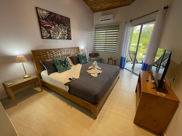 Owner's Suite has a king-size bed, 42-inch SmartTV, A/C, access to the patio and the pool and en-suite bathroom.