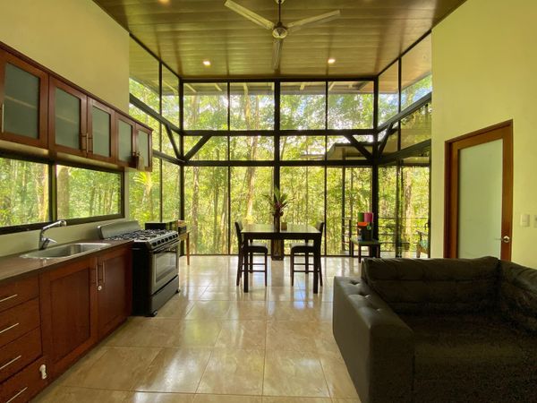 Floor to ceiling windows illuminates the open floor plan of the dining, living room and kitchen area.