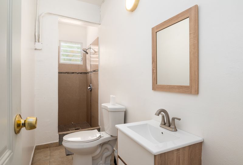 Clean, modern vanity and sink area.