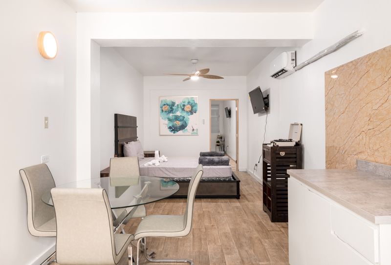 Comfortable seating & practical dining table.