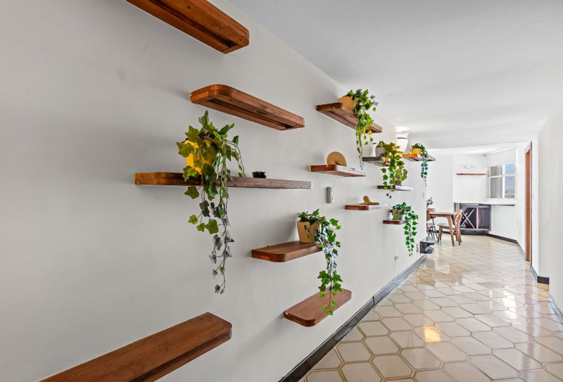Beachfront Rental | Isla Verde 5 A warm welcome awaits! The inviting hallway, adorned with charming floating shelves and lush greenery, sets a delightful tone for your stay from the moment you arrive.