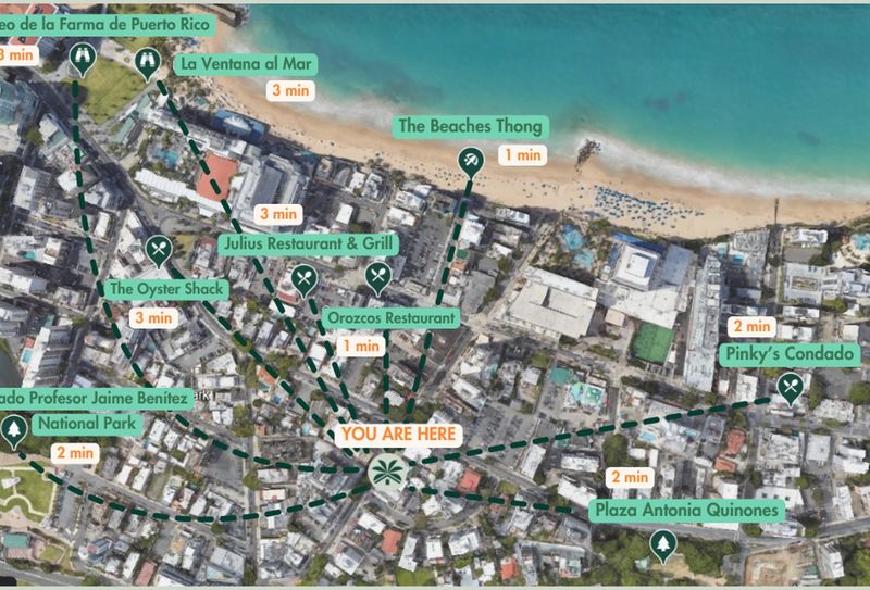 Your perfect home base in the heart of Condado. Just steps away from the beach, delicious restaurants like Orozco's and Cocina Abierta, and the lively nightlife of San Juan.