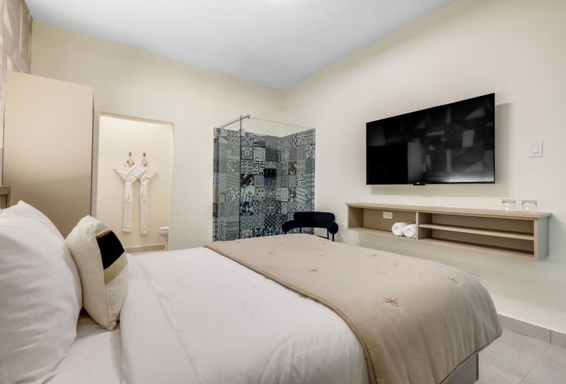 A cozy studio apartment with a well-defined sleeping area and a modern shower.