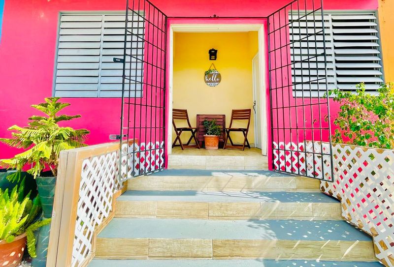 A colorful and unique entrance that sets the tone for your stay.
