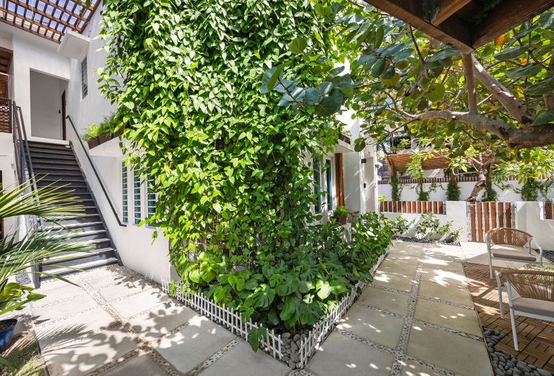 A verdant exterior and a delightful patio with a soothing vibe.