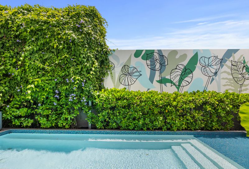 Relax and unwind by our pool, surrounded by lush tropical plants.