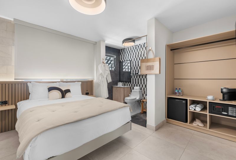 Modern and stylish room with a comfortable bed and a well-equipped closet.