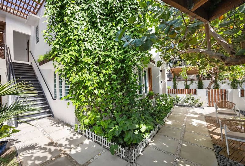 A delightful garden space with lovely plants and chairs.