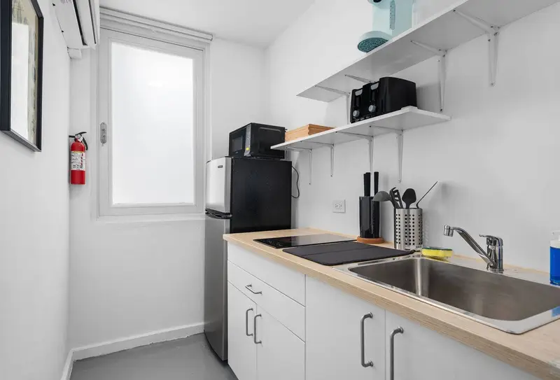 Kitchenette: induction cooktop, microwave, mini fridge & sink