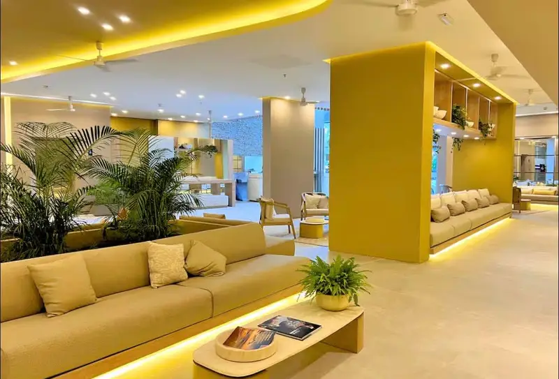 Lobby seating with tropical plants