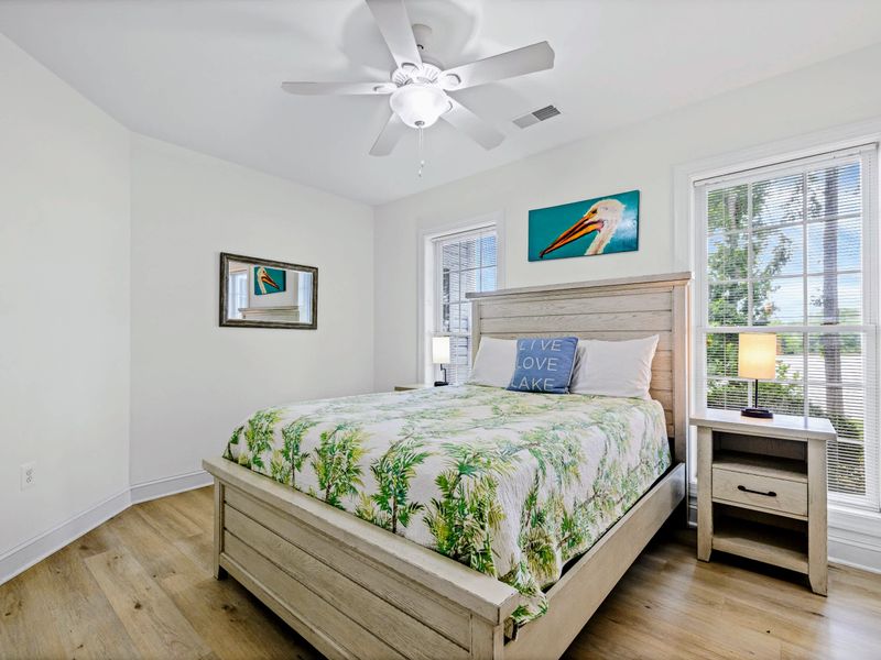 Bright Bird Bedroom: a restful queen room on the lake level.