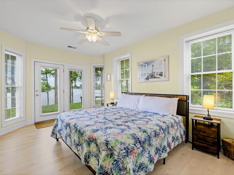 Beach Yellow Bedroom: a cheerful king room on the lake level with water views.