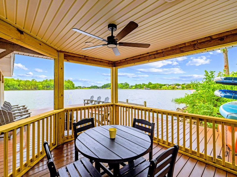 Covered dock seating offers a shady perch over the water.