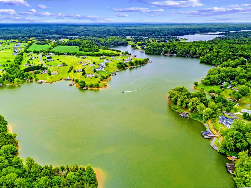 The estate from above, framed by trees and open lake.