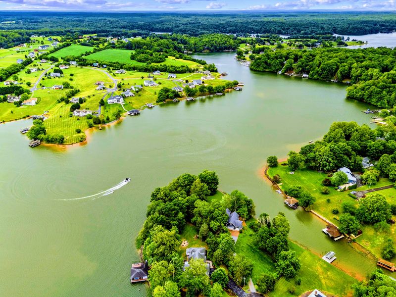 Wide aerial of the property and its quiet stretch of Lake Anna.