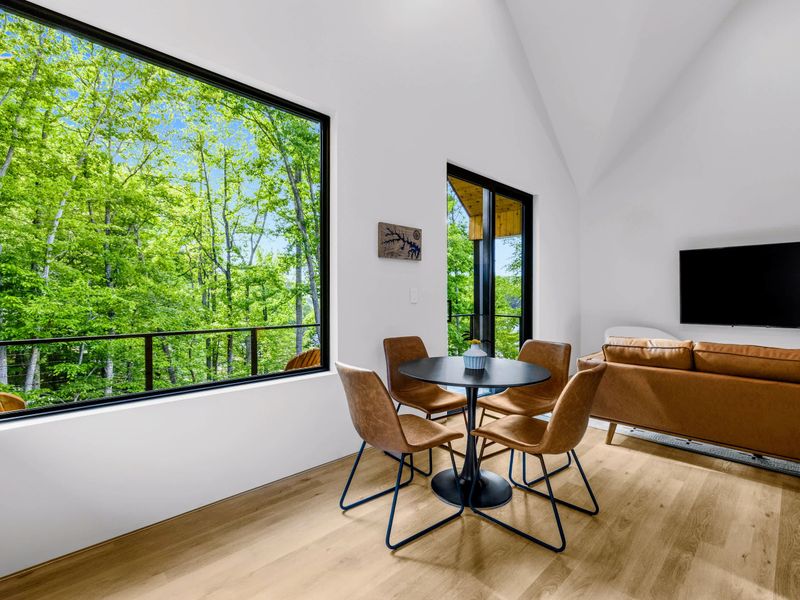 Garage Apartment Living - A private lounge with a TV and forest views in the guest wing.