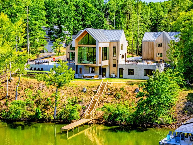 Aerial View - The shoreline path runs from the house down to the dock.