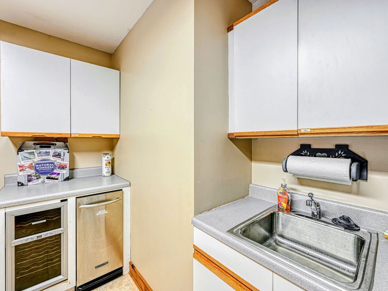 Utility and Prep - A utility sink, extra cabinets, and a beverage fridge keep things organized.