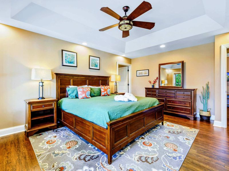 Suite with king bed, fireplace, TV, and jetted tub.
