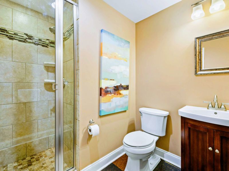 Bathroom across the hall from the lower level bedroom.