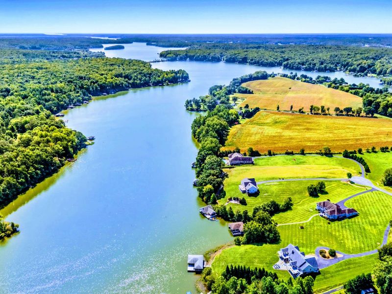Aerial - Lake Anna from above, with the property's cove, neighboring homes, and open water in every direction.