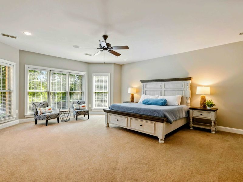 Lake Level Bedroom - A spacious king bedroom with seating area, bay windows, and views into the trees.