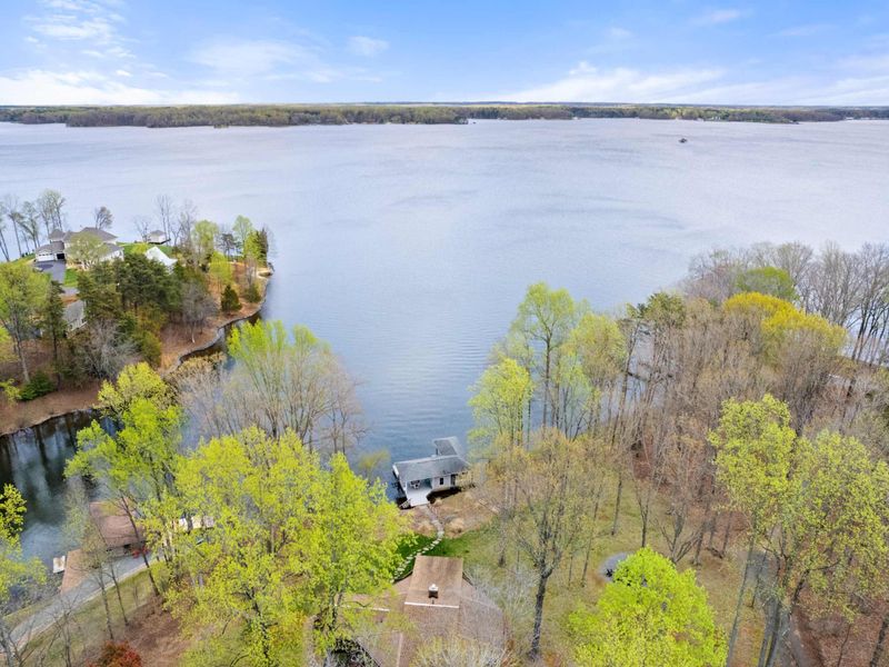 Elevated lake view showcasing a private boathouse and dock amidst lush springtime foliage on a tranquil waterfront