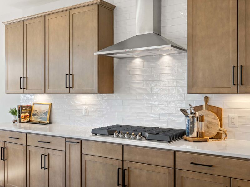 Kitchen - Close-up of the range, vent hood, and tile backsplash, where the real cooking happens.