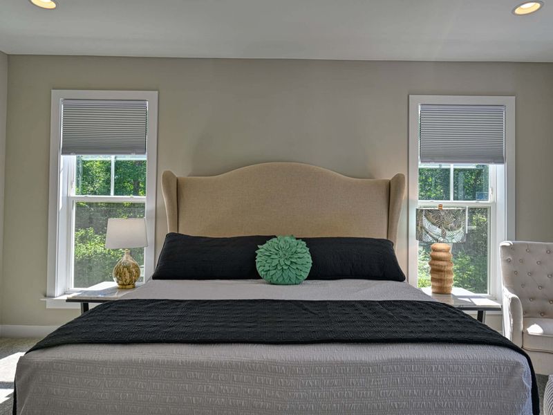 Cozy bedroom with a plush king-size bed and ample natural light from two large windows