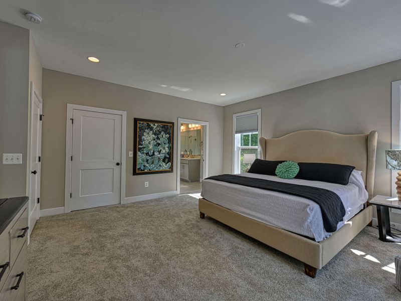 Spacious bedroom with a king-size bed, cozy carpet, and an en-suite bathroom