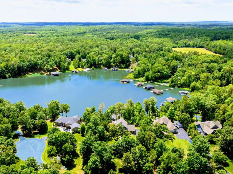 Aerial - Drone view of the cove with waterfront homes, private docks, and lush green forest stretching to the horizon.