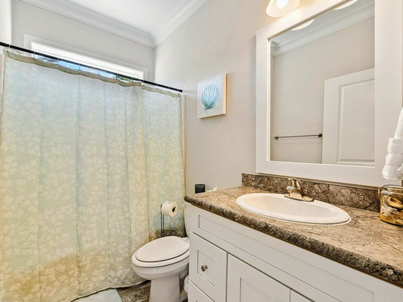 Bathroom - Full bath with granite vanity, tub/shower combo behind a soft green curtain, and coastal shell art.